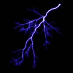  Isolated realistic violet electrical lightning strike visual effect on black night background. Energy change. 