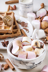 Ceramic cup of hot chocolate with marshmallow s'mores with homemade honey wafers and ingredients above over white marble table. Winter drink. Close up