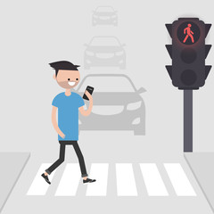 Young male character goes on a pedestrian crossing and looking into the phone.addicted to smartphone. Nomophobia. Flat vector illustration