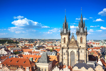 Fototapeta na wymiar Aerial view of church of our lady before Tyn at Prague old town square opposite Prague astronomical clock or Prague orloj, famous landmark in old town of Prague, Czech Republic, Europe
