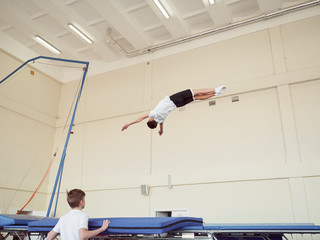 GOMEL, BELARUS - NOVEMBER 30, 2018: training and athletes on the trampoline.