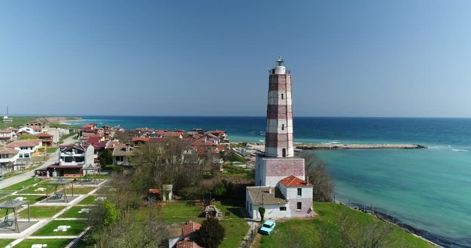 4k aerial footage of the oldest lighthouse on the balkan peninsular, Shabla, Bulgaria