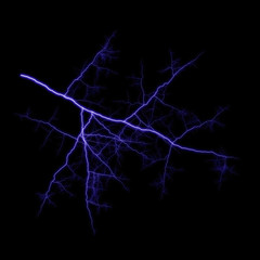  Isolated realistic violet electrical lightning strike visual effect on black night background. Energy change. 
