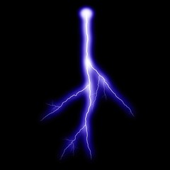  Isolated realistic violet electrical lightning strike visual effect on black night background. Energy change. 