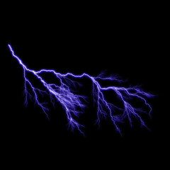  Isolated realistic violet electrical lightning strike visual effect on black night background. Energy change. 