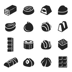 Chocolate candy confectionery assortment black icon set