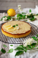 lemon polenta cake elderflower white chocolate ganache..