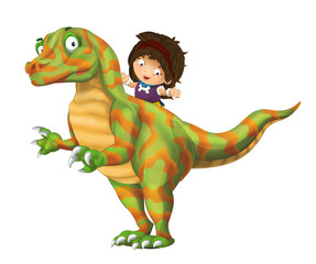 cartoon happy scene with caveman woman on dinosaur velociraptor on white background - illustration for children