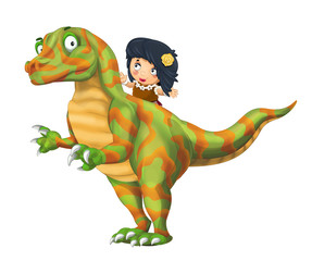 cartoon happy scene with caveman woman on dinosaur velociraptor on white background - illustration for children