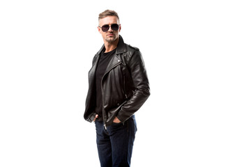 Fototapeta premium stylish adult man in leather jacket posing isolated on white