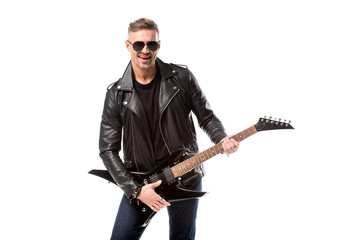 handsome adult man in leather jacket holding electric guitar isolated on white