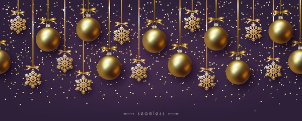 Fototapeta na wymiar Christmas ultraviolet seamless border with realistic golden balls and snowflakes
