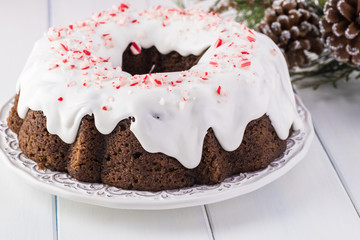 Homemade chocolate cake decorated for Christmas.