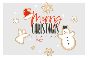 Hand drawn vector abstract fun Merry Christmas and Happy New Year time cartoon illustration greeting card with gingerbread cookies and Merry Christmas text isolated on white background