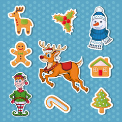 Christmas sticker. Set of different sticker for christmas. New Year. Different new year characters. Colorful cartoon sticker. New Year characters of Christmas sticker. Christmas design element.