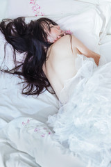 woman bed white portrait bedroom blanket pillow sleep fever sick morning