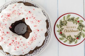 Homemade chocolate cake decorated for Christmas.