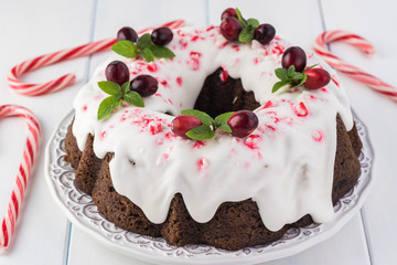 Homemade chocolate cake decorated for Christmas.