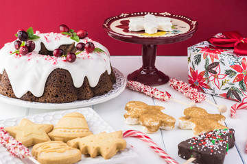 Homemade chocolate cake decorated for Christmas.