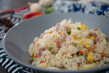 Cantonese fried basmati rice with ham and eggs