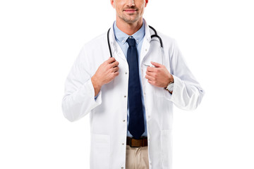 cropped view of doctor in white coat with stethoscope isolated on white