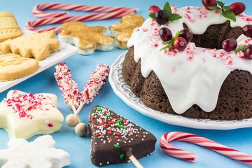 Homemade chocolate cake decorated for Christmas.