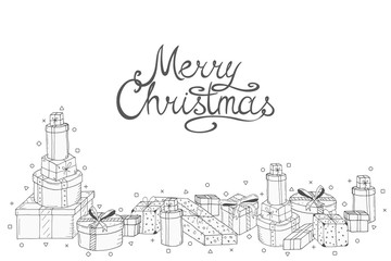 Merry Christmas white background with hand drawn elements. Vector xmas greeting card with calligraphy lettering