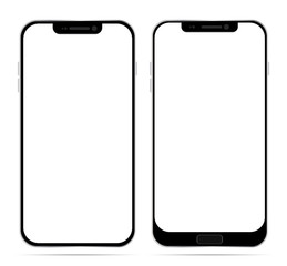 Realistic white and black smartphone with blank touch screen isolated on white background. Vector illustration