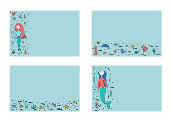 Mermaid and sea set. Vector illustration.