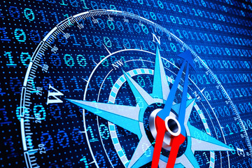 Concept of navigation in the digital world of information technology, compass on blue computer data...