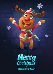 Vector illustration the cartoon deer Merry Christmas