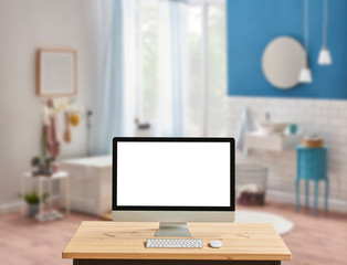 Bath room background close up desktop screen on the desk.