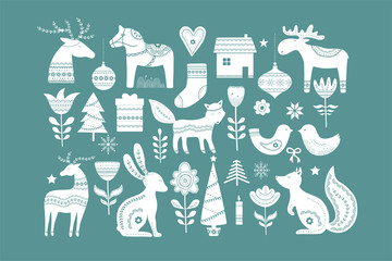 Christmas hand drawn elements in Scandinavian style with orname