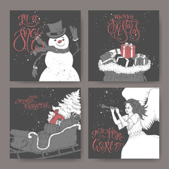 Set of four black and white banners with brush lettering, showman, angel, a sleigh with Christmas tree and gift bags.