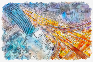 Aerial view of a massive highway intersection in Osaka, Japan watercolor painting