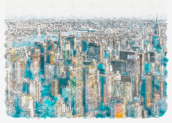 Aerial view of the skyscrapers of Midtown Manhattan New York City watercolor painting