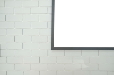 mock up poster photo frame on white brick wall
