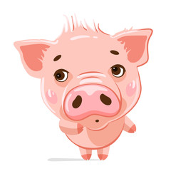 Cute little pig. Cartoon character.  Illustration of cute funny emoji characters.  Shy characters. Stickers. Flat style.
