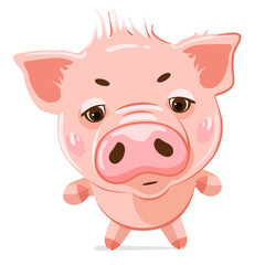 Cute little pig. Cartoon vector character.  Vector illustration of cute funny emoji characters.  Evil characters. Stickers. Flat style.