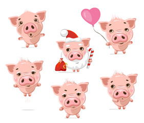 Set of cute little pig in different actions.  Vector set of cute funny emoji characters. Scared, surprised, in love, happy, hugs,  evil, festive, shy, characters. Stickers. Flat style.