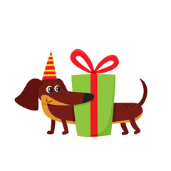 Vector illustration of cartoon brown funny dachshund isolated on white background.