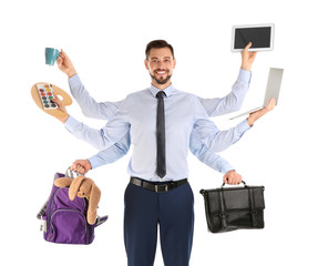 Multitask businessman with many hands holding different stuff on white background. Combining life...
