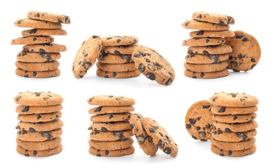 Set of chocolate chip cookies on white background