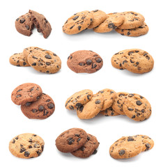 Set of different chocolate chip cookies on white background
