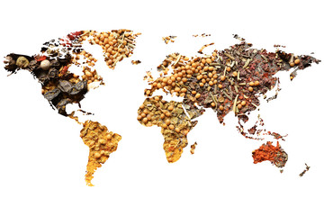 World map of different aromatic spices on white background. Creative collection