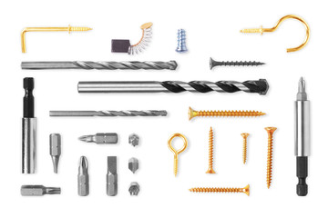 A set of screws, bolts, nails, drills, hooks, bits, and other construction tools, isolated on a white background. Big Set