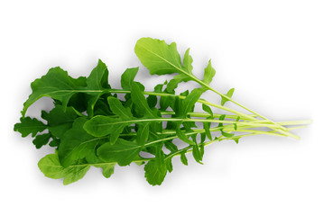 Fresh arugula leaves on a white background