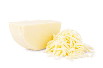 Whole and grated mozzarella on white background