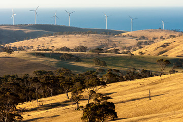 Rural landscape with wind farms near Great Ocean Road, Australia