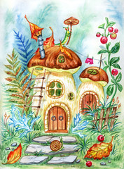 Fairy-tale house- mushroom, watercolor illustration. Corner of the magic forest with mushrooms, ferns, lingonberries, caterpillar and snail.